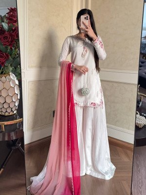 D.N. 049 Pure Natural Crepe Silk Designer Party Wear Kurti Palazzo with Shaded Dupatta Fancy Palazzo suit catalogue