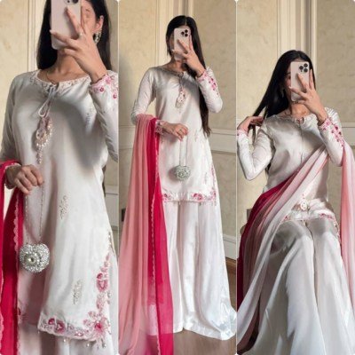D.N. 049 Pure Natural Crepe Silk Designer Party Wear Kurti Palazzo with Shaded Dupatta Fancy Palazzo suit catalogue
