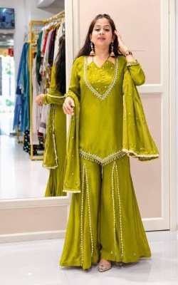 D.N. 054 Fully Stitched Roman Glass Real Mirror Work Palazzo 3-Piece Set Fancy Palazzo suit catalogue