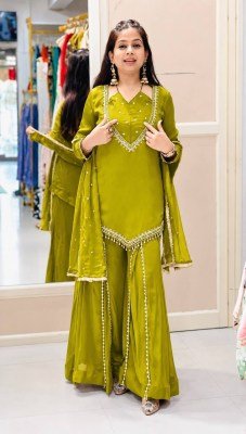 D.N. 054 Fully Stitched Roman Glass Real Mirror Work Palazzo 3-Piece Set Fancy Palazzo suit catalogue