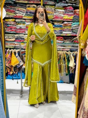 D.N. 054 Fully Stitched Roman Glass Real Mirror Work Palazzo 3-Piece Set Fancy Palazzo suit catalogue