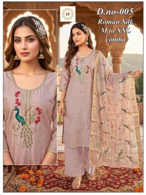 D.N. 1 to 8 Roman Silk 3-Piece Kurti Pant with Dupatta Set 