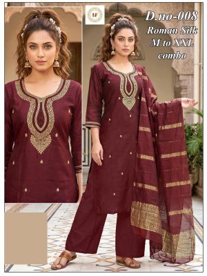 D.N. 1 to 8 Roman Silk 3-Piece Kurti Pant with Dupatta Set readymade suit catalogs