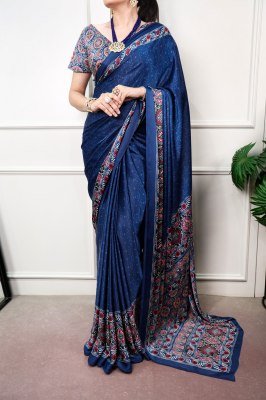D.N. 7039 Satin Silk Ajrakh Print Saree with Unstitched Blouse  Womens