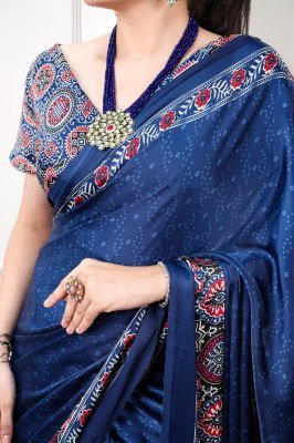 D.N. 7039 Satin Silk Ajrakh Print Saree with Unstitched Blouse  sarees
