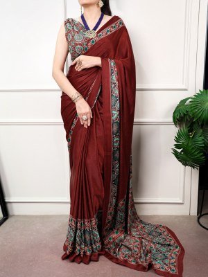 D.N. 7039 Satin Silk Ajrakh Print Saree with Unstitched Blouse  sarees