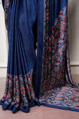 D.N. 7039 Satin Silk Ajrakh Print Saree with Unstitched Blouse  sarees