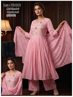 D.N. 799 Mul Chanderi 3-Piece Suit with Handwork Neck & Dupatta wholesale catalogs