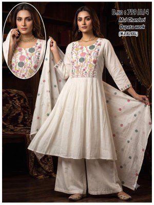 D.N. 799 Mul Chanderi 3-Piece Suit with Handwork Neck & Dupatta Size wise Combo Set