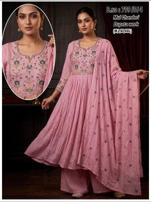 D.N. 799 Mul Chanderi 3-Piece Suit with Handwork Neck & Dupatta Size wise Combo Set