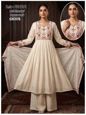D.N. 799 Mul Chanderi 3-Piece Suit with Handwork Neck & Dupatta Size wise Combo Set