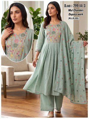 D.N. 799 Mul Chanderi 3-Piece Suit with Handwork Neck & Dupatta Size wise Combo Set