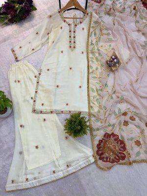 D.N. ST-1204 Faux Georgette Kurti Palazzo Dupatta 3-Piece Set with Front Embroidery Fancy Palazzo suit catalogue