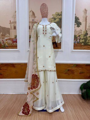D.N. ST-1204 Faux Georgette Kurti Palazzo Dupatta 3-Piece Set with Front Embroidery Fancy Palazzo suit catalogue