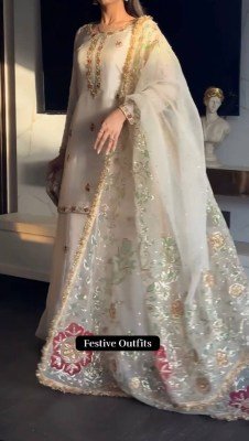 D.N. ST-1204 Faux Georgette Kurti Palazzo Dupatta 3-Piece Set with Front Embroidery Fancy Palazzo suit catalogue