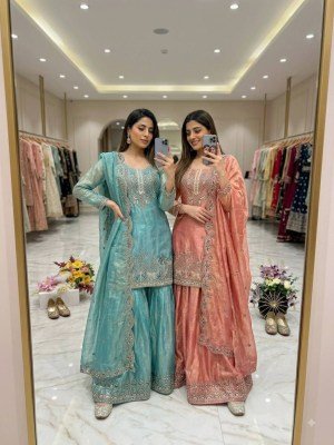D.N. W 1280 W Fully Stitched Fendy Silk Top Sarara Dupatta Set  