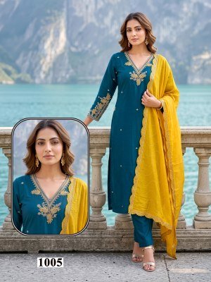 D.No 1001-1006  Kurti Pant With Dupatta  Size wise Combo Set