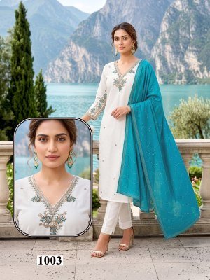 D.No 1001-1006  Kurti Pant With Dupatta  Size wise Combo Set