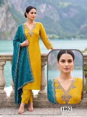 D.No 1001-1006  Kurti Pant With Dupatta  Size wise Combo Set
