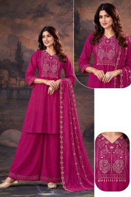 D.No. 1050 Pure Mul Chanderi 3-Piece Hand Work Embroidery Kurti Set wholesale catalogs