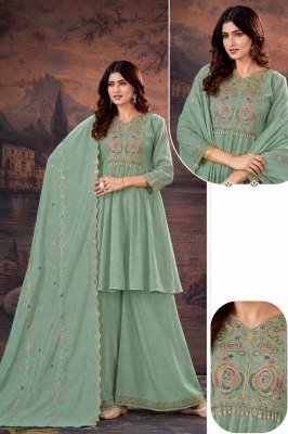 D.No. 1050 Pure Mul Chanderi 3-Piece Hand Work Embroidery Kurti Set Size wise Combo Set