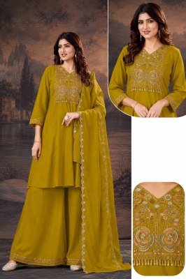 D.No. 1050 Pure Mul Chanderi 3-Piece Hand Work Embroidery Kurti Set Size wise Combo Set