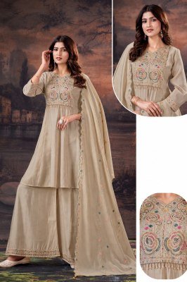 D.No. 1050 Pure Mul Chanderi 3-Piece Hand Work Embroidery Kurti Set Size wise Combo Set