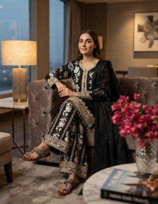 D. No. 1157 Heavy Star Georgette Embroidered Top Palazzo with Dupatta Set 