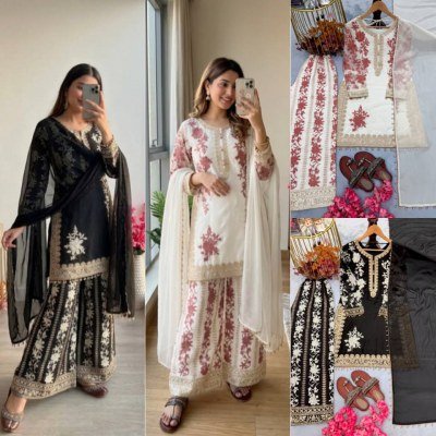 D. No. 1157 Heavy Star Georgette Embroidered Top Palazzo with Dupatta Set Fancy Palazzo suit catalogue