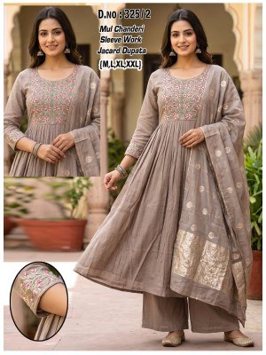 D.No. 126 Chanderi Embroidery Sleeve Work Suit with Jacquard Dupatta Size wise Combo Set