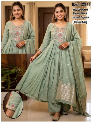 D.No. 126 Chanderi Embroidery Sleeve Work Suit with Jacquard Dupatta Size wise Combo Set