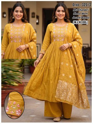 D.No. 126 Chanderi Embroidery Sleeve Work Suit with Jacquard Dupatta Size wise Combo Set