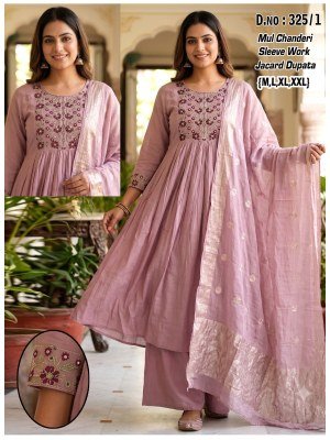 D.No. 126 Chanderi Embroidery Sleeve Work Suit with Jacquard Dupatta Size wise Combo Set