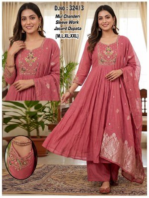 D.No. 126 Chanderi Embroidery Sleeve Work Suit with Jacquard Dupatta Size wise Combo Set