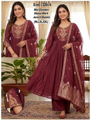 D.No. 126 Chanderi Embroidery Sleeve Work Suit with Jacquard Dupatta Size wise Combo Set
