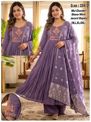 D.No. 126 Chanderi Embroidery Sleeve Work Suit with Jacquard Dupatta Size wise Combo Set