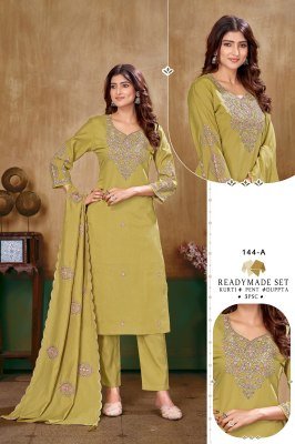D. No. 144 Roman Silk Embroidered Kurti Palazzo with Chanderi Dupatta Size wise Combo Set