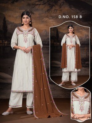 D.No. 158 Soft Roman Silk 3-Piece Suit with Handwork Embroidery, Pocket and Dupatta wholesale catalogs