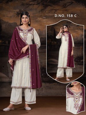 D.No. 158 Soft Roman Silk 3-Piece Suit with Handwork Embroidery, Pocket and Dupatta Size wise Combo Set