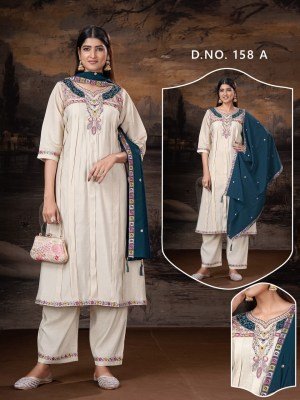 D.No. 158 Soft Roman Silk 3-Piece Suit with Handwork Embroidery, Pocket and Dupatta Size wise Combo Set