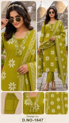 D.No. 1645-1648 Cotton 3-Piece Kurti Pant Dupatta Set Size wise Combo Set
