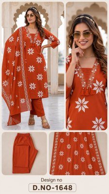 D.No. 1645-1648 Cotton 3-Piece Kurti Pant Dupatta Set Size wise Combo Set