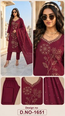 D.No. 1649-1651 Cotton 60/60 Embroidery Kurti Pant Dupatta Set 