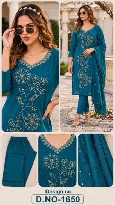 D.No. 1649-1651 Cotton 60/60 Embroidery Kurti Pant Dupatta Set Size wise Combo Set