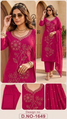 D.No. 1649-1651 Cotton 60/60 Embroidery Kurti Pant Dupatta Set Size wise Combo Set