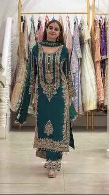 D. No. 1716 Faux Georgette Heavy Embroidery Sequence Work Top Pant with Dupatta Set 