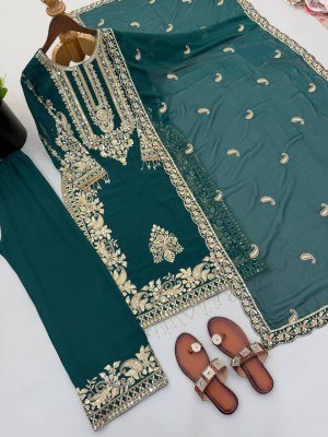 D. No. 1716 Faux Georgette Heavy Embroidery Sequence Work Top Pant with Dupatta Set readymade suit catalogs