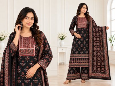 D.No. 2070 Jaipuri Ajrakh Print Kurti Pant Dupatta Combo Set wholesale catalogs