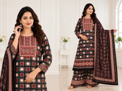 D.No. 2070 Jaipuri Ajrakh Print Kurti Pant Dupatta Combo Set Size wise Combo Set