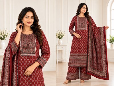 D.No. 2070 Jaipuri Ajrakh Print Kurti Pant Dupatta Combo Set Size wise Combo Set